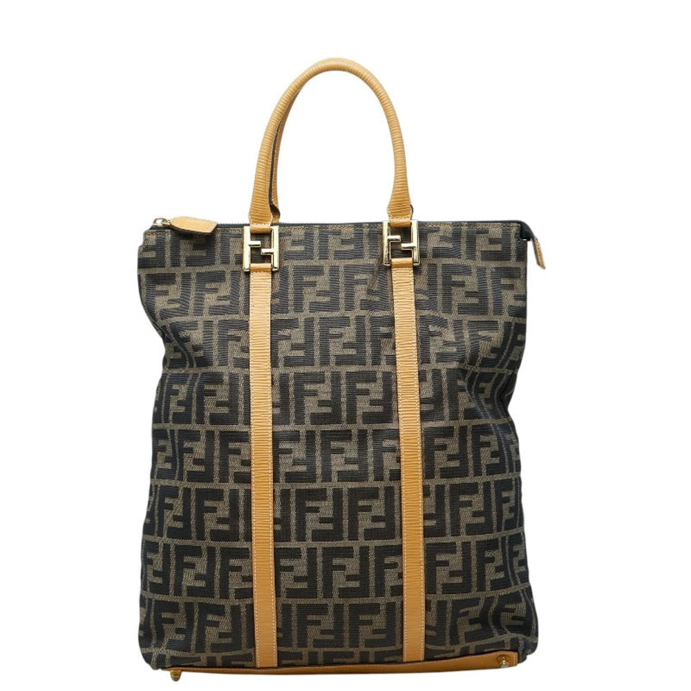Fendi Zucca Tote Bag Handbag Brown Beige Cream Canvas Leather